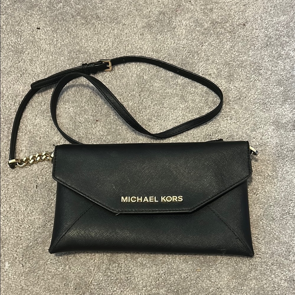Michael Kors Black Leather Clutch with Silver Hardware